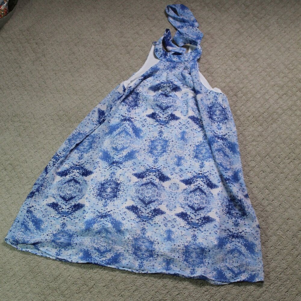 Japna Sz S Blue Splatter Pattern Fully Lined Semi-sheer Knee-Length Halter Dress